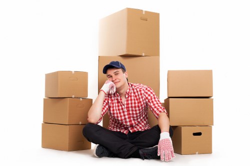 Professional movers carrying boxes in a Notting Hill flat